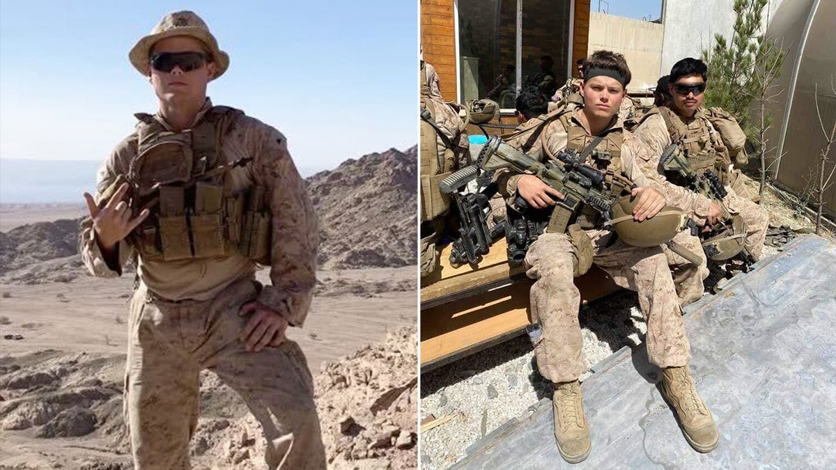 Jared Schmitz seen posing in his Marine Corps uniform, left, and sitting with his rifle, right