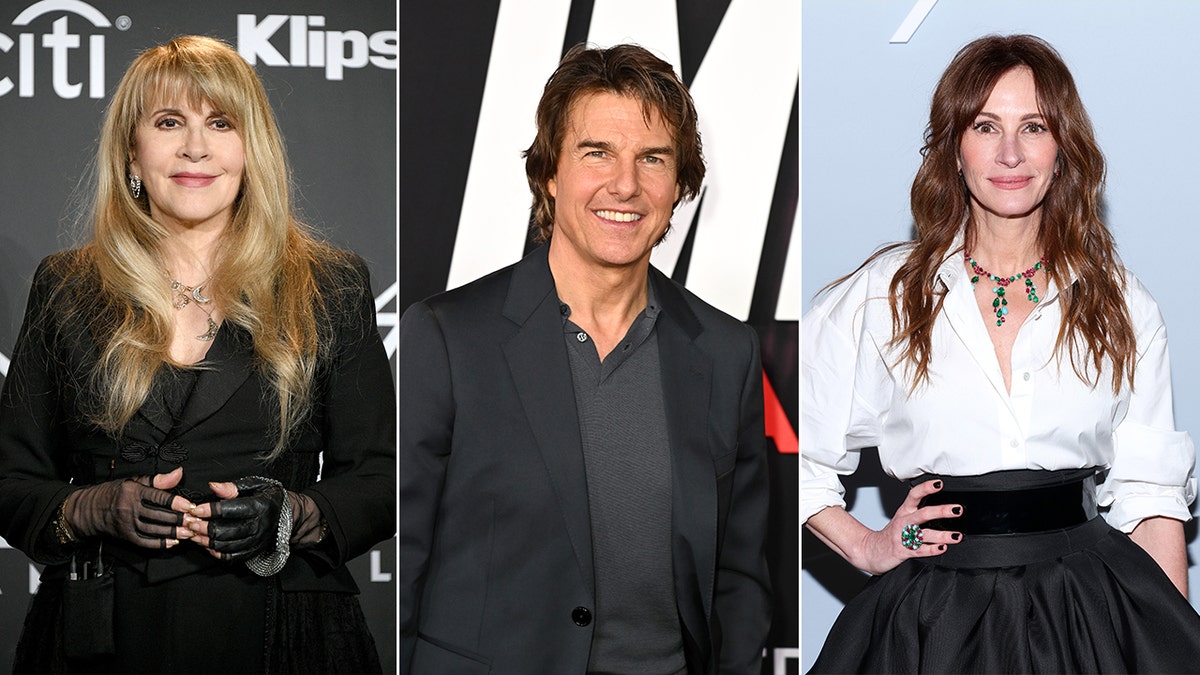 Stevie Nicks soft smiles on the carpet split Tom Cruise smiles ont he carpet split Julia Roberts in a white top and black bottom poses on the carpet